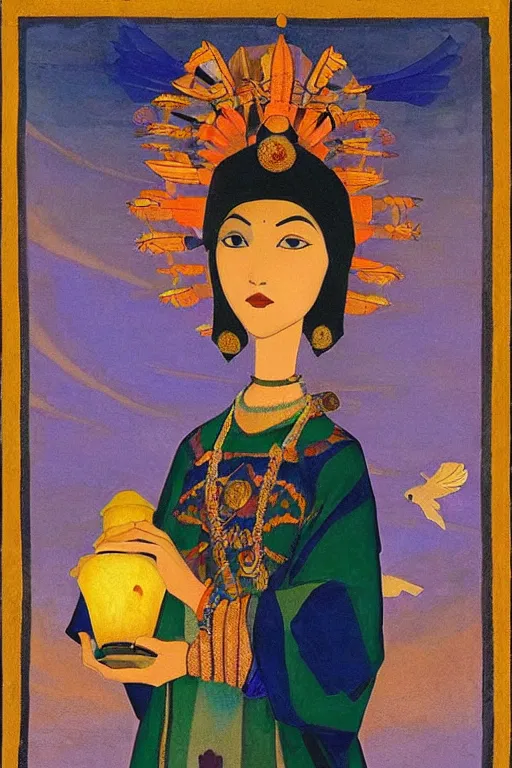 Prompt: queen of the dawn with her lantern and birds, by Nicholas Roerich, elaborate headdress and embroidered velvet, iridescent beetles, rich color, dramatic cinematic lighting, extremely detailed