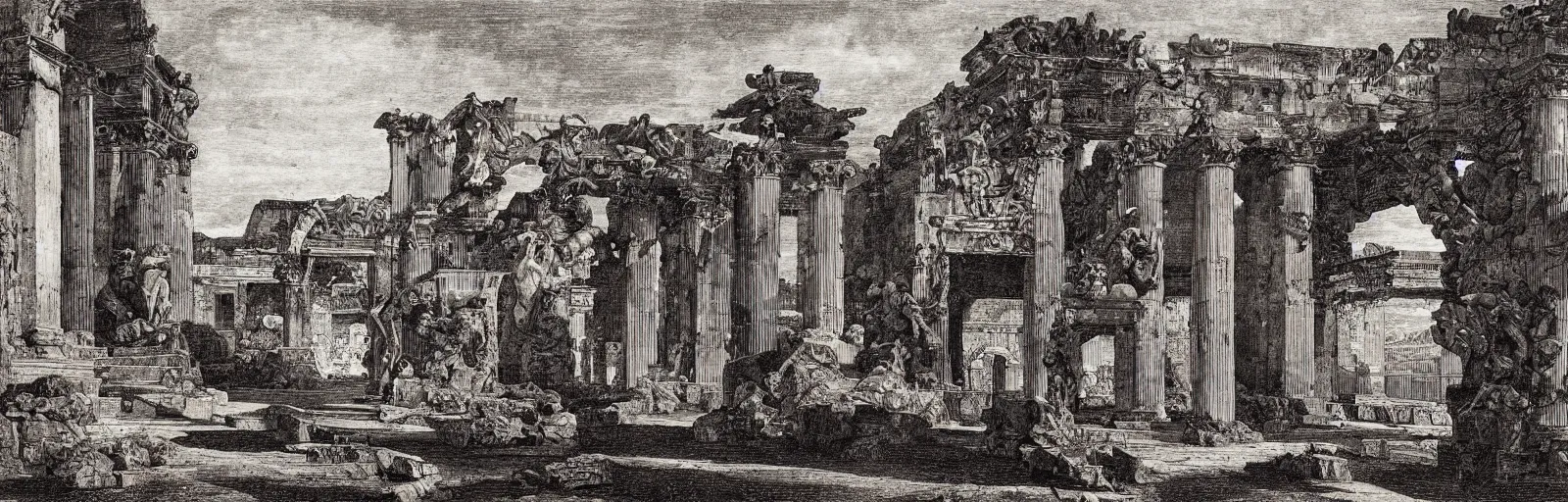 Image similar to a imaginative and theatrical view through the herculaneum gate, pompeii, etching by giovanni battista piranesi