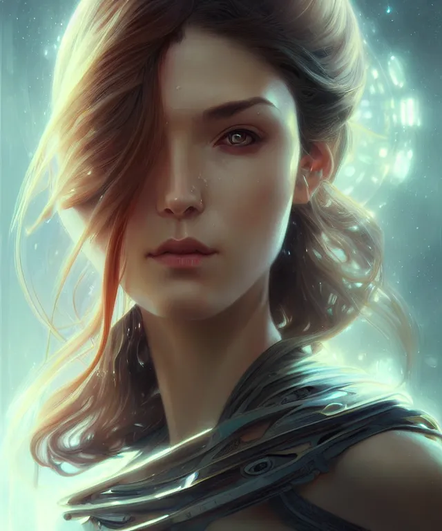 Image similar to futuristic young woman portrait, sci-fi, amber eyes, face, long hair, fantasy, intricate, elegant, highly detailed, digital painting, artstation, concept art, smooth, sharp focus, illustration, art by artgerm and greg rutkowski and alphonse mucha