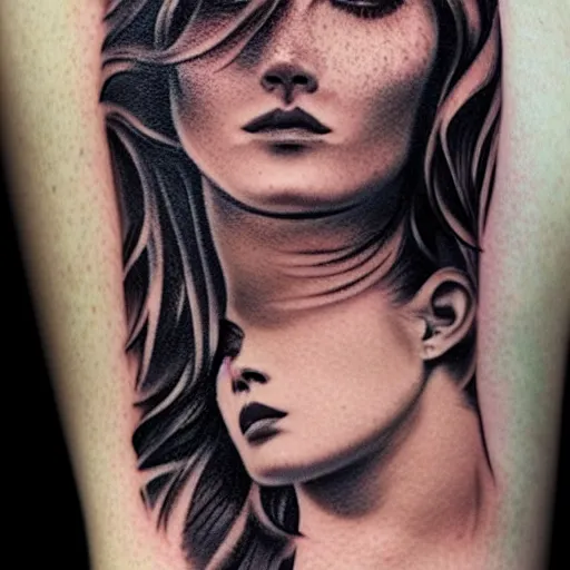 Image similar to a tattoo design of a beautiful girl face faded in a mountain scenery, in the style of den yakovlev, hyper - realistic, amazing detail