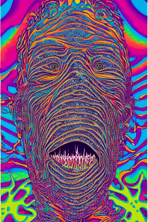 Prompt: a tab of LSD acid on a tongue with psychedelic hallucinations, screenprint by kawase hasuialex grey and dan hillier, colorful flat design, hd, 8k