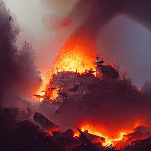 Image similar to a close view of destroyed buildigs!!!, rubble!!, fires!! hyperrealistic, highly detailed, cinematic, foggy light from fires, beautiful, cgssociety, artstation, 8 k, oil painting by greg rutkowski, by artgerm, by wlop