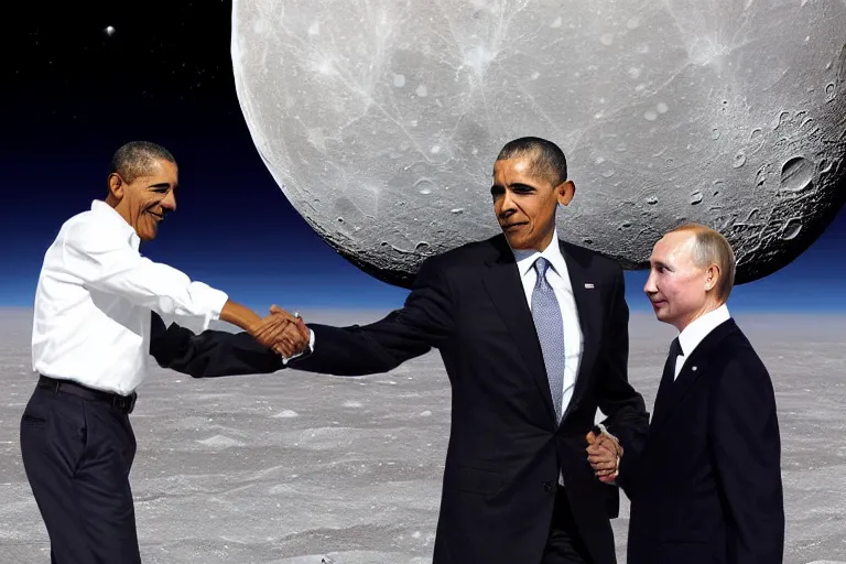 Image similar to President barrack Obama holding hands lovingly with Vladimir Putin on the moon, photorealistic 8K