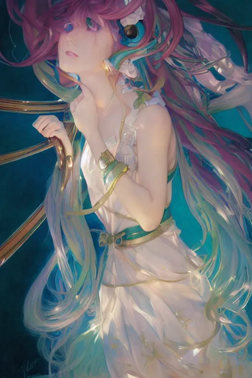 Prompt: a beautiful painting of hatsune miku, ray of light, shimmering and prismatic, rococo, highly detailed, by krenz cushart and mucha, trending on artstation.