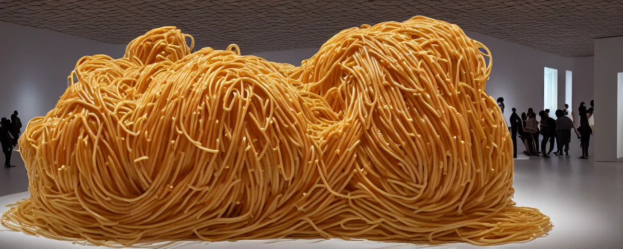 Image similar to famous sculpture made of spaghetti in ny museum of modern art, in the style of jeff koons, kodachrome film,, retro