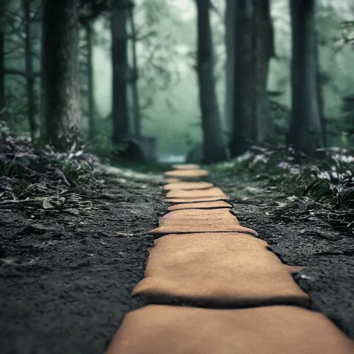 Image similar to a shoe on a path in the middle of a forest, dark, unreal engine