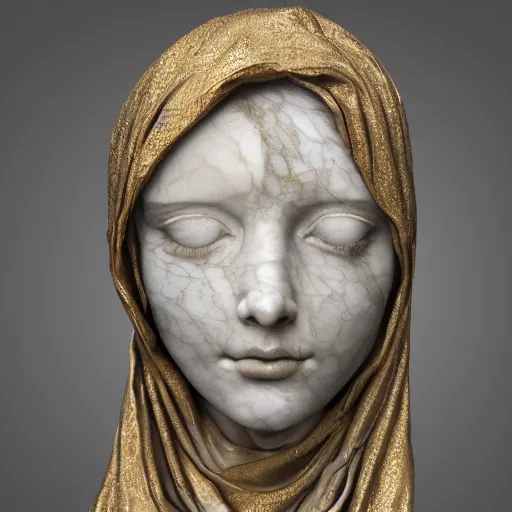 Image similar to a masterpiece marble sculpture of the veiled virgin, subsurface cracks, !dramatic !face, !female, covered in intricate !detailed golden !!streaked veil , physically based rendering, ultra photo realistic , dark background by Dan Hillier