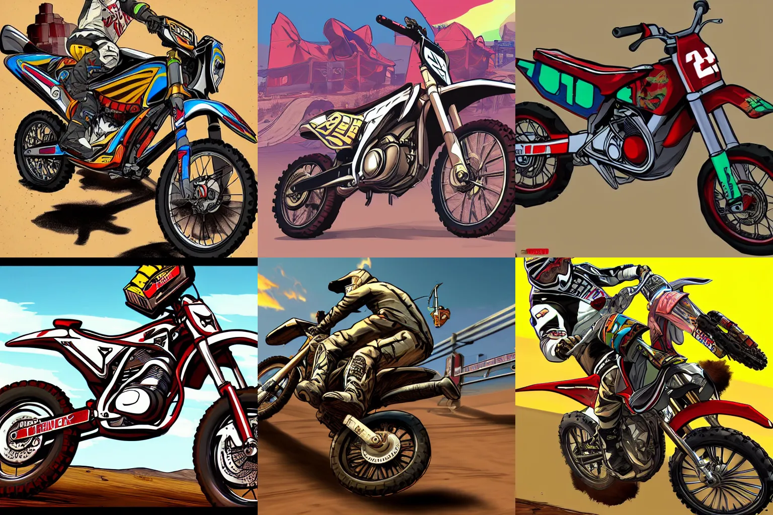 Prompt: motocross bike, gta 5 cover art, borderlands style, celshading, trending on artstation