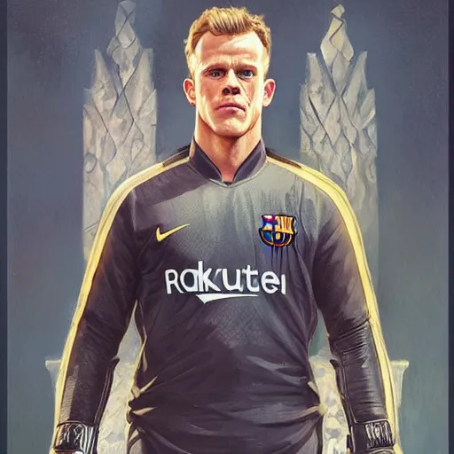 Image similar to Ter Stegen holding a bomb in his gloves, Barcelona and Germany goalkeeper, D&D, fantasy, intricate, elegant, highly detailed, digital painting, artstation, concept art, matte, sharp focus, illustration, art by Artgerm and Greg Rutkowski and Alphonse Mucha