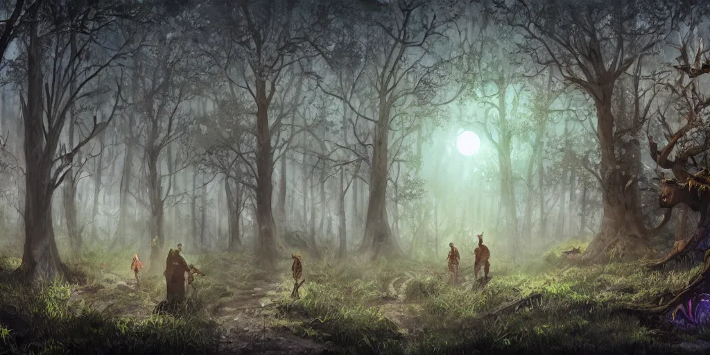 Prompt: ttrpg of a moonlit clearing in the woods, gridless, beautiful, 8 k, high quality digital art