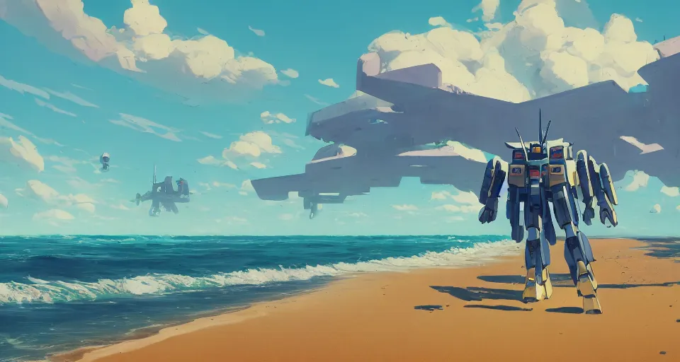 Prompt: A very beautiful serene coast landscape scene with a GIANT MECHA GUNDAM looming in the distance, bright sunny waves splashing on the beach, rendered by simon stålenhag, rendered by Beeple, Makoto Shinkai, syd meade, environment concept, digital art, Gundam style, starwars, unreal engine, 3 point perspective, WLOP, trending on artstation, low level, 4K UHD image, octane render,