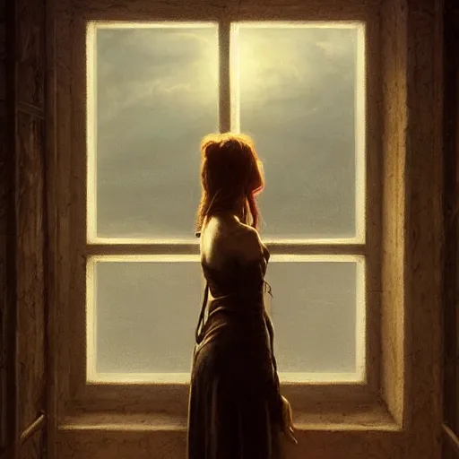 Image similar to young beautiful woman, view from window, sunset, high detail, dramatic light, digital art, chiaroscuro, painted by seb mckinnon, painted by greg rutkowski, painted by caspar david friedrich, trending on artstation