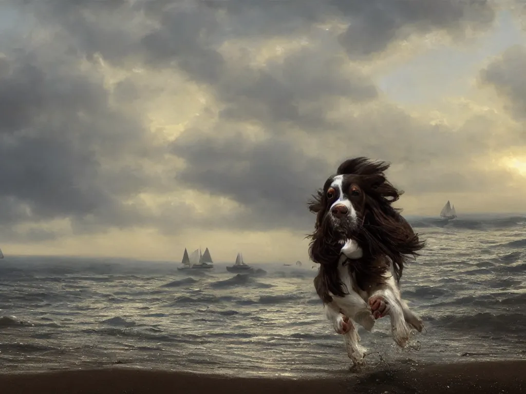 Image similar to springer spaniel running along a beach, quiet with a few boats in the background, peaceful, epic lighting, evening sunlight, cinematic, volumetric lighting digital art by greg rutkowski, roberto ferri, jeremy lipking, trending on art station, 8 k, highly detailed, hyper realistic, photorealistic