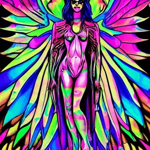 Prompt: dmt ego death neon pink detailed + vulture + knife + hourglass + fish with wings + bikini girl + demon