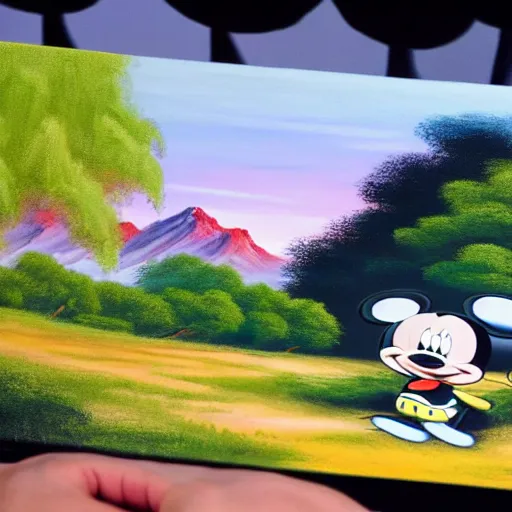 Image similar to a closeup photorealistic photograph of bob ross working on a canvas painting of mickey mouse. film still. brightly lit scene. mountains and trees. this 4 k hd image is trending on artstation, featured on behance, well - rendered, extra crisp, features intricate detail, epic composition and the style of unreal engine.