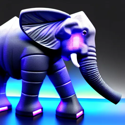 Image similar to hyper realistic cybertronic elephant. high details of body and face. complex realistic mechanical body. blue led. cyberpunk style, natural realistic render, trending on art station, 8 k render.