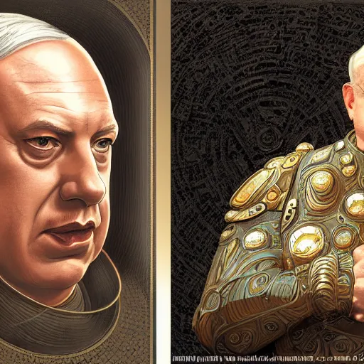 Image similar to benjamin netanyahu as vladimir harkonnen, dune, portrait, intricate, elegant, highly detailed, digital painting, artstation, concept art, wallpaper, smooth, sharp focus, illustration, art by h. r. giger and artgerm and greg rutkowski and alphonse mucha