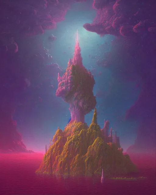 Prompt: a concept matte painting of a singular floating island castle, levitating across space in a misty pearlescent nebula by paul lehr kazumasa uchio situated in a starry expanse of bioluminescent cosmic worlds by beksinski and beeple, flying citadel with towers, trending on artstation