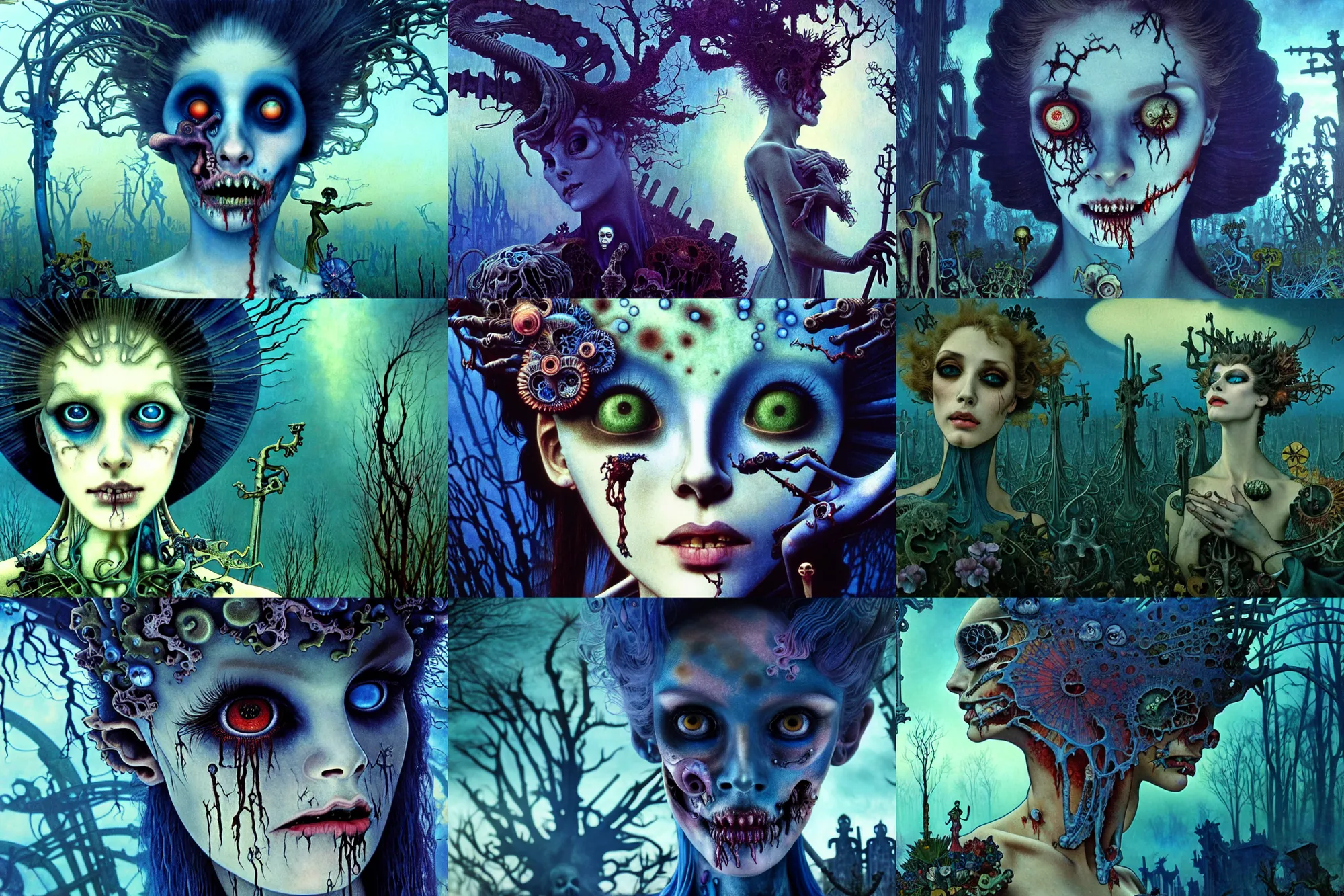 Prompt: realistic detailed closeup portrait movie shot of an beautiful elegant zombie, futuristic graveyard landscape background by jean deville, amano, yves tanguy, denis villeneuve, ernst haeckel, alphonse mucha, max ernst, caravaggio, roger dean, masterpiece, rich moody colours, blue eyes