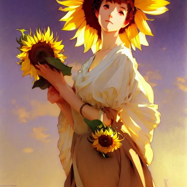 Cute blond anime girl in a big straw hat holding a sunflower in a