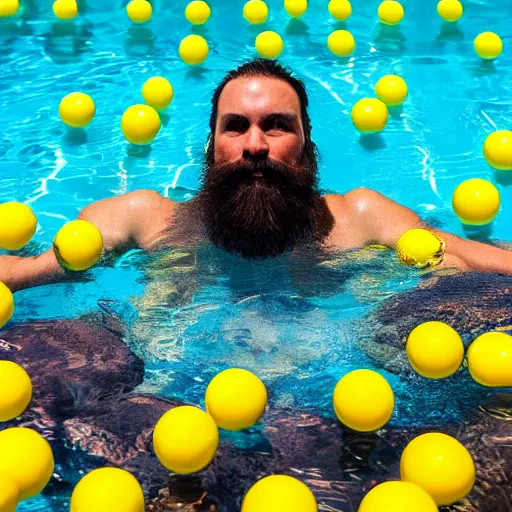 Prompt: man with half sided beard dipped in a pool of yellow and white balls