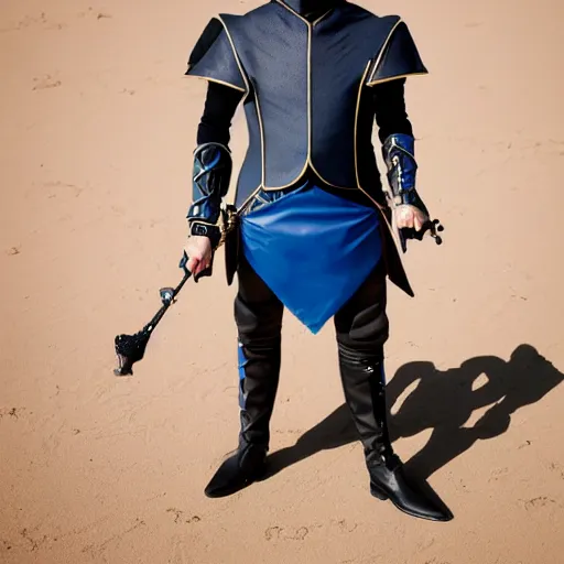 Image similar to low angle upper view of Austin Butler dressed in futuristic-baroque prussian blue duelist-garb and nanocarbon-vest and greaves, standing in an arena in Dune 2020, XF IQ4, f/1.4, ISO 200, 1/160s, 8K, RAW, unedited, symmetrical balance, face in-frame