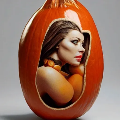 Image similar to a [ gourd ] carved shaped to look like ( amber heard face ) hybrid intercross