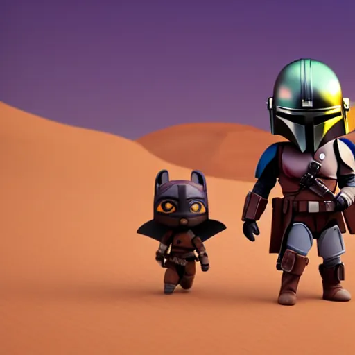 Image similar to mandalorian as nendoroid walking in a desert with two moons in the croods movie style, muted colours, anime, disney, pixar, 8 k, hd, dof, kodak film, volumetric lighting, subsurface scattering, photorealistic, octane render, details