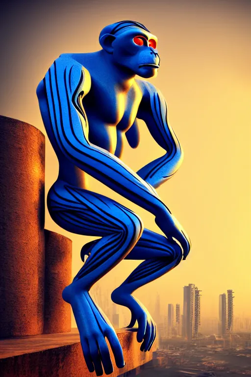 Image similar to high quality 3 d render stylized mischievous cyborg muscular man monkey blue hybrid sitting, madhubani, highly detailed, cyberpunk!! mumbai in the background, unreal engine cinematic smooth, szukalski, moody light, low angle, uhd 8 k, sharp focus