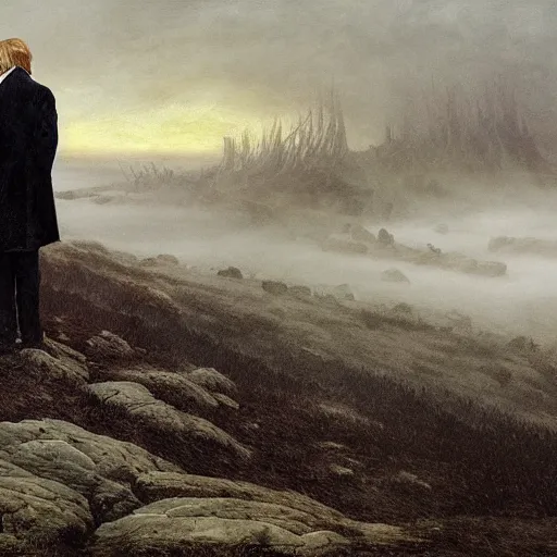 Image similar to donald trump in anguish a desolate misty landscape, painted by caspar david friedrich and greg rutkowski