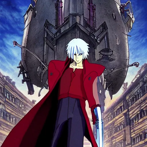 Image similar to a shot of dante from devil may cry in howl's moving castle movie, movie shot, anime, hightly detailed, rescalated 4 k, detailed, straight face, detailed face, studio ghibli