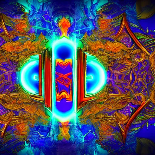 Image similar to dmt realm, cover art, colors: blue, orange, violet, green, yellow, sharp focus, with intricate egiptian letters in the frames, octane render, unreal engine, artstation