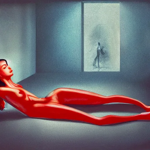 Image similar to Kiko Mizuhara full body laying in a blood red pool of water between a golden mirror frame, outside is space and inside the mirror frame is a beautiful landscape., physically accurate, dynamic lighting, intricate, elegant, highly detailed, digital painting, artstation, HR GIGER, Hieronymus Bosch, Francis Bacon, concept art, smooth, sharp focus, illustration, art by artgerm and greg rutkowski and alphonse mucha