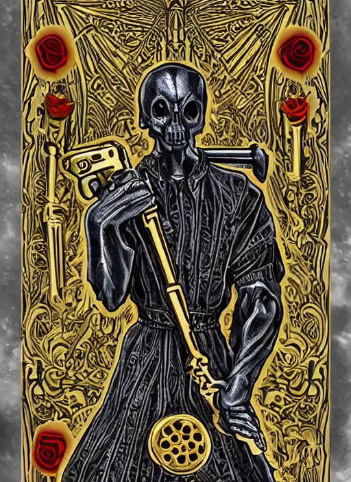 Image similar to tarot card :: horror :: killer gun :: blood and roses :: gold and silver carvings :: metallic :: by Yurtsev and Darkchylde