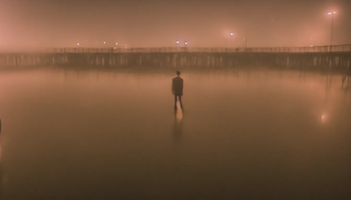 Image similar to 80s asian neon movie still with a lone man levitating over a pier by the river on early morning with city lights behind his back, Fog raising from river, Color film, Fallen angels movie still. hyperrealistic, photorealistic, high definition, medium format photography, highly detailed, tehnicolor, anamorphic 50mm lens