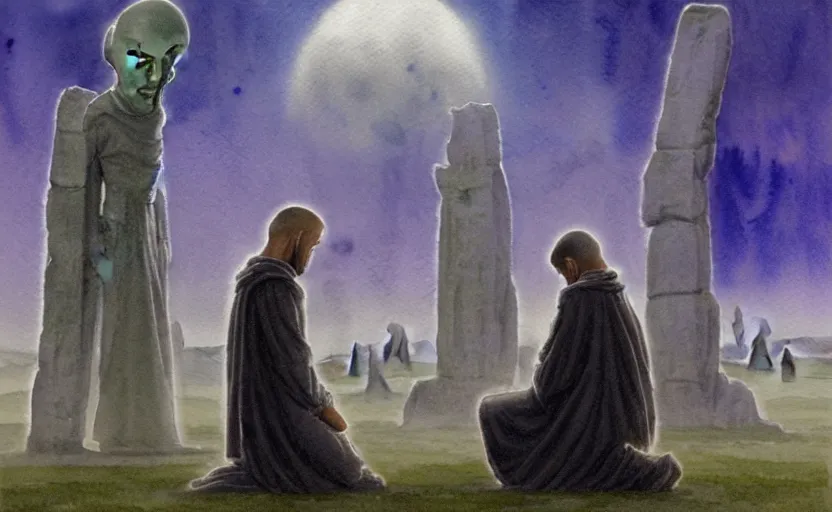 Prompt: a hyperrealist watercolour character concept art portrait of a grey medieval monk kneeling down in prayer in front of a tall grey alien on a misty night in stone henge. a battlecruiser starship is in the background. by rebecca guay, michael kaluta, charles vess and jean moebius giraud