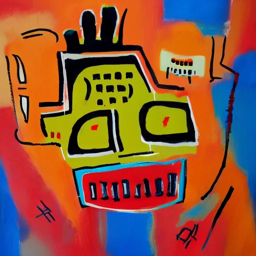 Image similar to painting of a Robot that has feelings in the style of Basquiat