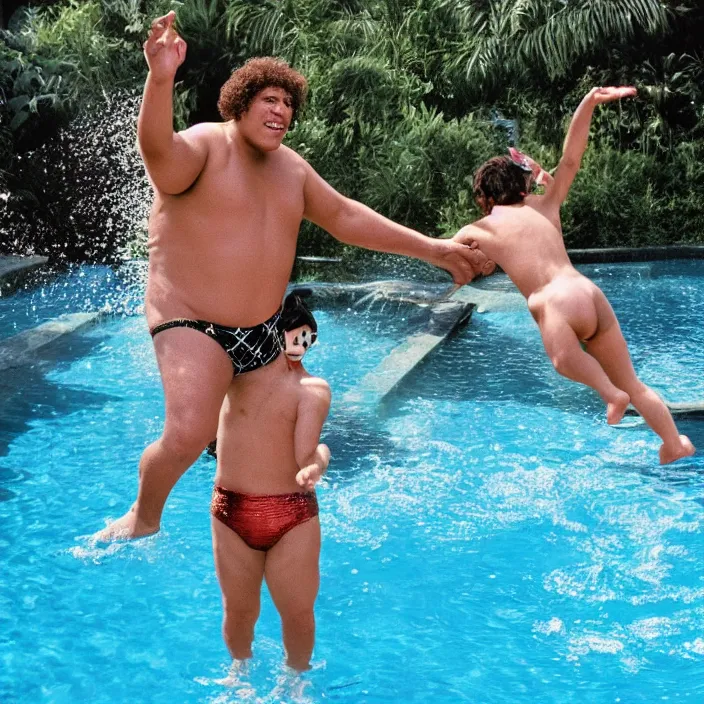 Image similar to cyborg andre the giant wearing a sequin speedo and jumping in the pool with a goat from the movie bill & ted's excellent pool party, movie still, 8 k, realistic