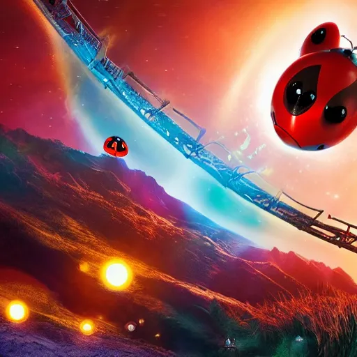 Prompt: promotional movie still, ladybug futuristic ( ( descendants ) ), ladybug quadruped with big rgb eyes, huge ladybug mothership, space western, dramatic lighting, the fellowship of the ring ( film ), ( ( ( wall - e ( film ) ) ) )