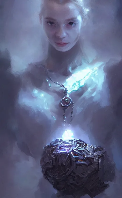 Image similar to a small crystal with white pulsing light, necklace gem, front game card, drark, marvel comics, dark, intricate, highly detailed, smooth, artstation, digital illustration by ruan jia and mandy jurgens and artgerm and wayne barlowe and greg rutkowski and zdislav beksinski