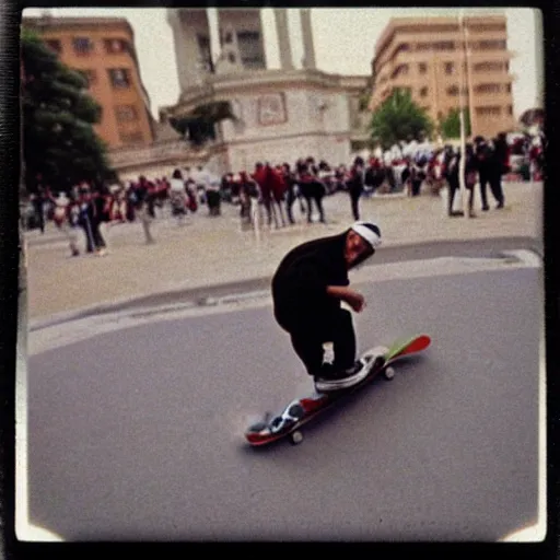 Image similar to fisheye lens Photography of a pope riding a skateboard, 1991, Polaroid