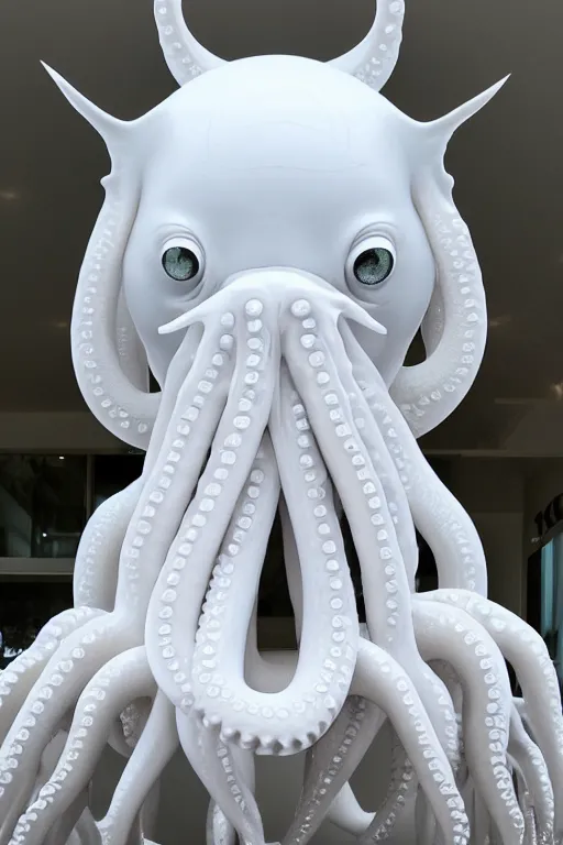 Prompt: full head and shoulders, beautiful porcelain female person, smooth, delicate facial features, white detailed eyes, white lashes, 3 d white shiny thick, large octopus tentacles and eyeballs by daniel arsham and james jean