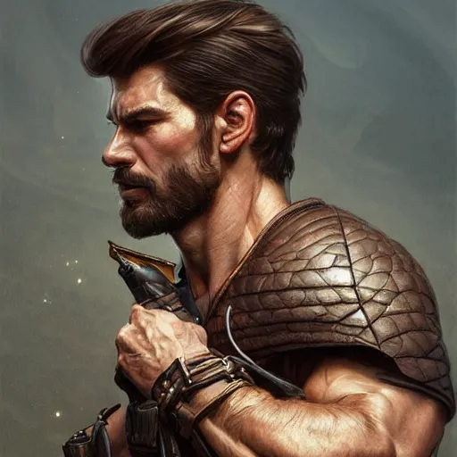 Prompt: portrait of a young, ruggedly handsome ranger, muscular, half body, leather, fantasy, intricate, elegant, highly detailed, digital painting, artstation, concept art, smooth, sharp focus, illustration, art by artgerm and greg rutkowski and alphonse mucha