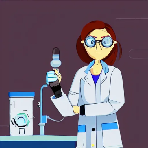 Image similar to a female scientist with a futuristic cyborg arm drawn in american animation style