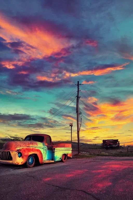 Image similar to a sunset light landscape with historical route 6 6, lots of sparkling details and sun ray ’ s, blinding backlight, smoke, volumetric lighting, colorful, octane, 3 5 mm, abandoned gas station, old rusty pickup - truck, beautiful epic colored reflections, very colorful heavenly, softlight