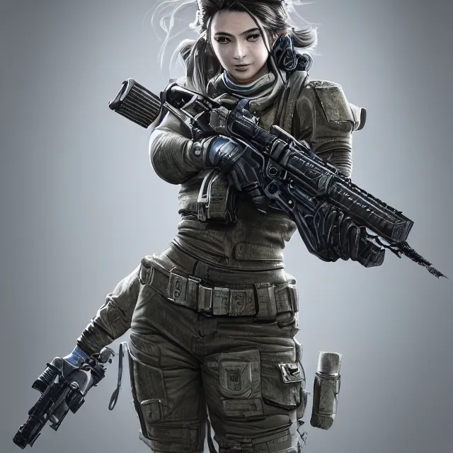 Image similar to the portrait of lawful neutral female cyberpunk marine sniper as absurdly beautiful, gorgeous, elegant, young gravure idol, an ultrafine hyperdetailed illustration by kim jung gi, irakli nadar, intricate linework, bright colors, octopath traveler, final fantasy, unreal engine 5 highly rendered, global illumination, radiant light, detailed and intricate environment