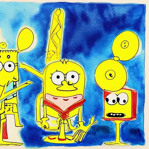 Prompt: A beautiful conceptual art. Reality becomes illusory and observer-oriented when you study general relativity. Or Buddhism. Or get drafted. watercolor & pen, Spongebob Squarepants by Jun Kaneko elaborate