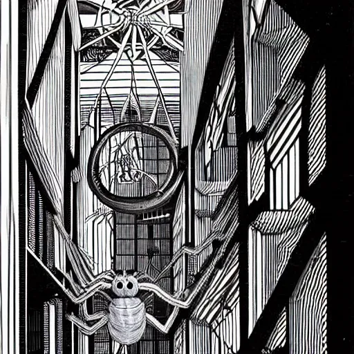 Image similar to a giant spider in a huge bright maze of many doorways and lots of stairs, many doorways, inside MC Escher architecture, artstation, Junji Ito, epic composition