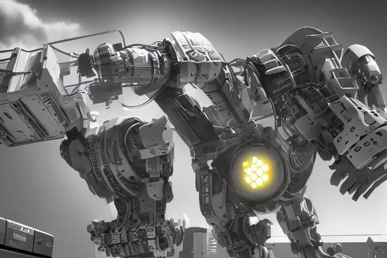 Prompt: parallax datacenter server room single mono colossus white rusty android robosaurus in artstation cinematic detailed dramatic