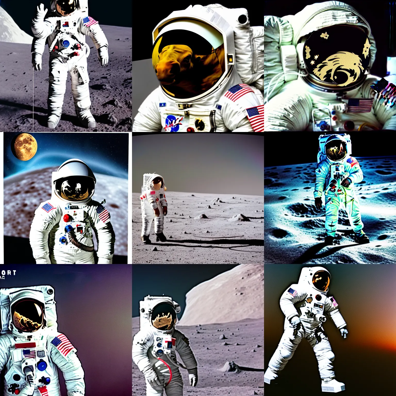 Prompt: horse wearing white spacesuit turned into astronaut, polaroid color vintage photoshoot on the moon, nasa realistic 8 k documentary
